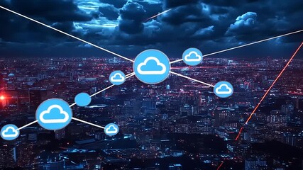 A vibrant city skyline at night illuminated by lights, with clouds and digital cloud icons above - Powered by Adobe