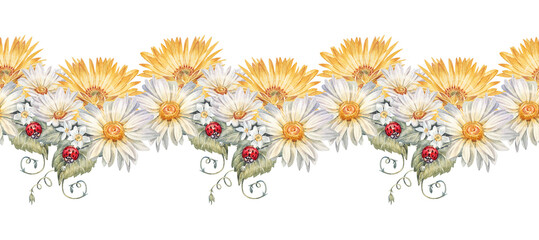 Watercolor seamless border with bouquet yellow chamomile and red ladybug on white background. Hand-drawn summer bloom flower chrysanthemum for card. Rim for wedding invite. Wallpaper or wrapping