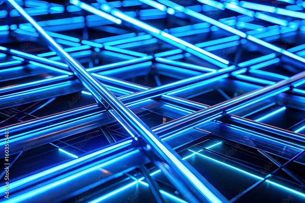 Poster intricate network of glowing blue neon tubes creating a futuristic abstract pattern