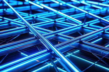 Intricate network of glowing blue neon tubes creating a futuristic abstract pattern