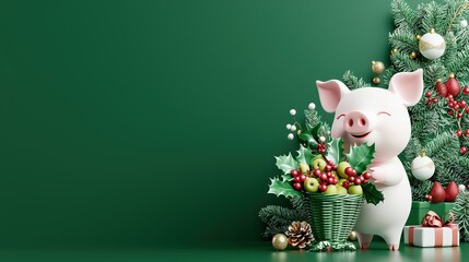 Fototapeta premium Elegant mezzotint 3D illustration of a sweet white pastel pig character carrying a festive holly fruit basket, Christmas theme, icon isolated on a deep green background