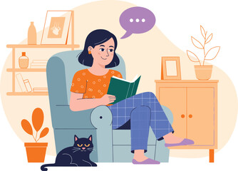 Woman reading a book in an armchair with a cat illustration.