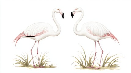Obraz premium Elegant mezzotint engraving of two flamingos side by side, rich strong grain texture, outdoor natural setting in textile design style, perfect for bird watching themes