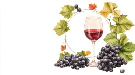 Fototapeta premium Engraved vintage whimsical illustration of vineyard grapes and a glass of wine in a circular frame, composed in textile design style, isolated on white with empty design space.