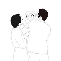 family carrying their child with line drawing