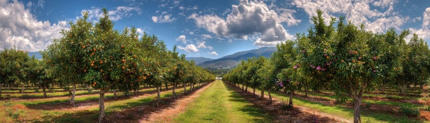 Fototapeta premium A panoramic view of a sunny orchard with rows of fruit trees bearing ripe fruit under a partly cloudy blue sky.