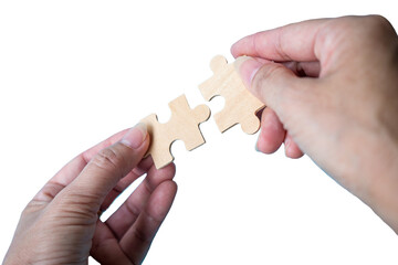 Holding jigsaw puzzle pieces. Matching or cooperation concept. Isolated on transparent background.