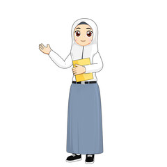 3D schoolgirl wearing hijab, holding a yellow book and smiling softly, wearing full-length uniform, ideal for school or reading theme.

