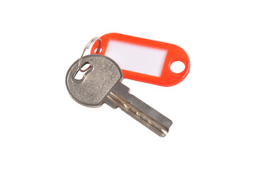 Key with blank red plastic tag isolated on white background