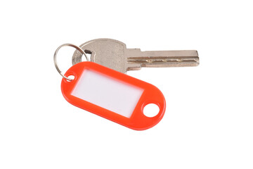 Key with blank red plastic tag isolated on white background