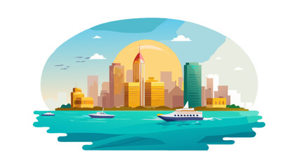 Obraz premium Cityscape skyline illustration with boats and skyscrapers at sunset urban scene vector graphic design