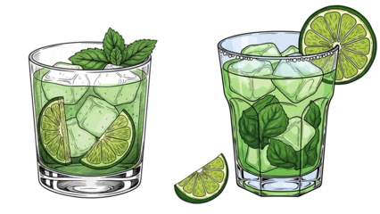 Refreshing mojito cocktails illustrations with mint and lime, perfect for summer promotions, bar menus, or vibrant party invitations, bringing a tropical vibe to your designs