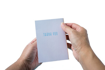 Holding a thank you card. Isolated on transparent background.