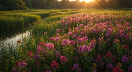 Swamp milkweed blooming by a serene marsh stream at golden hour