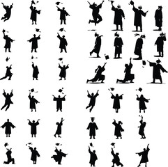 Graduation Cap Toss Silhouette – Celebration Icon Vector Set Students Throwing Graduation Hats – Black Silhouette Design Pack