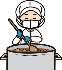 大鍋をかき混ぜる調理員さん