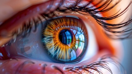 Close up view of human eye showcases intricate details of iris and eyelashes, highlighting vibrant colors and reflections. beauty of watercolor