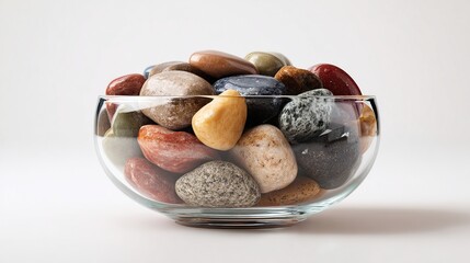 Glass bowl filled with colorful polished rocks against a bright, clean background