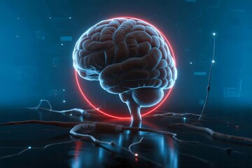 Futuristic glowing human brain with neural connections in sci fi concept
