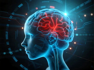 Futuristic glowing human brain with neural connections in sci fi concept