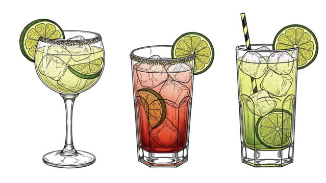 Refreshing summer cocktails illustration featuring lime slices and ice cubes perfect for bar menus, party invitations, or tropical vacation promotions, offering a vibrant and festive feel