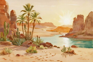 Desert Oasis at Sunset with Palm Trees, Cactus, and Sand Dune