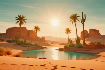 Desert Oasis at Sunset with Palm Trees, Cactus, and Sand Dune