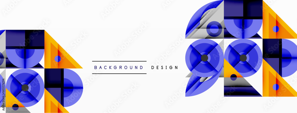 Poster abstract geometric shapes, blue, orange, white. modern design elements create dynamic composition. m