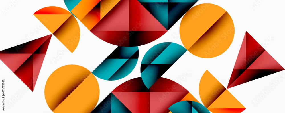 Poster abstract geometric shapes overlap, creating dynamic composition. circles, triangles, squares present