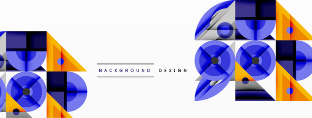 Abstract geometric shapes, blue, orange, white. Modern design elements create dynamic composition. Minimalist style, clean lines.