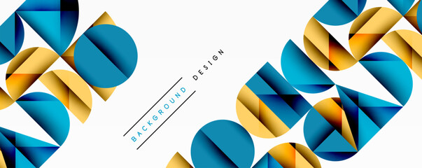 Abstract geometric shapes create vibrant background. Circles, squares overlap, forming dynamic visual pattern. Modern design elements present clean aesthetic.