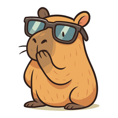 Cartoon capybara wearing sunglasses hides its mouth shyly