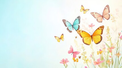 Mezzotint illustration of multiple butterflies flying together in a bright spring landscape, intricate patterns on wings, gentle breeze, vector drawing style, airy atmosphere