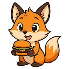 Delighted cartoon fox character joyfully holds a hamburger.