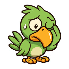 Worried cartoon green toucan ponders with anxious expression