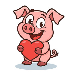 Cartoon pig cheerfully holds a red heart with a big smile