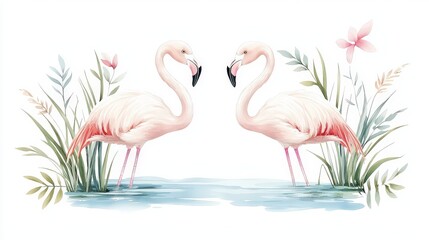 Obraz premium Mezzotint style vintage illustration of twin flamingos by the water, detailed strong grain lines, symbolizing togetherness and nature observation, composed as textile design