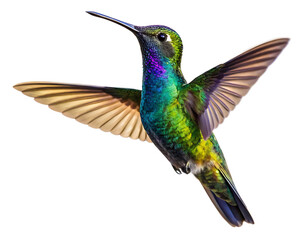 Fototapeta premium A vibrant hummingbird in flight showcasing iridescent plumage against a white background close up view