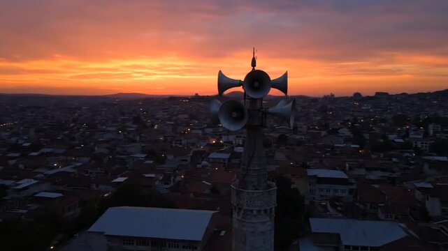 Drone orbit of mosque speakers broadcasting the call to prayer at sunset