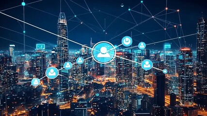 A vibrant city skyline at night showcasing interconnected digital networks and social media icons - Powered by Adobe