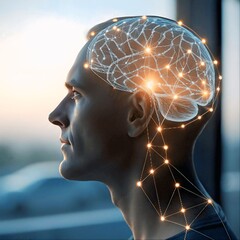 Obraz premium Side Profile of Woman with Digital Brain Interface, AI Concept