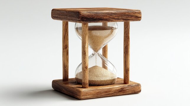 Hourglass Sand flows in a wooden frame on white, symbolizing the passage of time