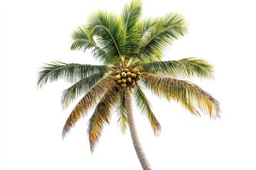 Towering coconut palm with fruit isoleted on white background