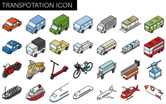 Vehicle icon set, set of simple and cute isometric line drawing icons of bicycles, motorcycles, cars, public transportation, etc