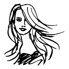 Portrait of a pretty young blond woman with long loose flowing hair. Hand drawn linear doodle rough sketch. Black and white silhouette.