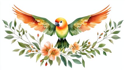 Textile design-inspired vintage illustration of a gradient-winged parrot with a yellow head in classic vintage style, surrounded by botanical flourishes, isolated on white with clear design area.