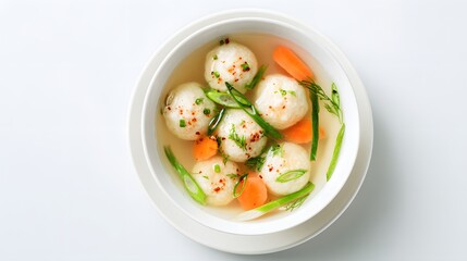 Top-down view of fish ball soup with sliced carrots and scallions in white bowl.
