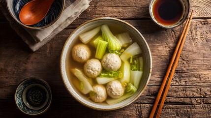 Overhead shot of fish ball soup with napa cabbage and clear broth in ceramic bowl.
