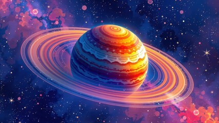 Vibrant watercolor in augmented reality showcases stunning planet with rings set against cosmic backdrop filled with stars and nebulae