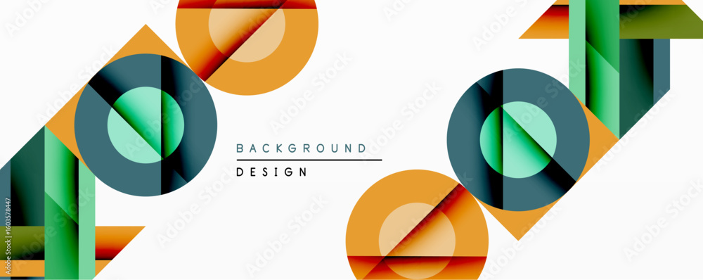 Poster abstract geometric composition. overlapping circles, squares create dynamic visual effect. orange, t